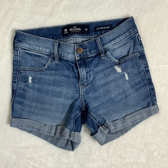Hollister Blue Jean Shorts Cuffed Distressed - Picture 1 of 6